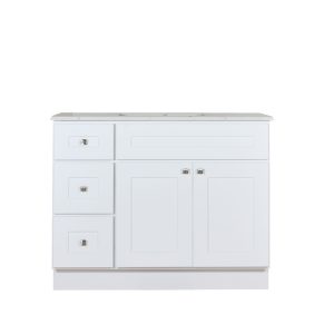 White bathroom vanity with light marble countertop, three left drawers, and double cabinet doors with bronze hardware