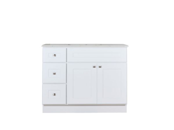 VAD4221L-M25 White bathroom vanity with light marble countertop, three left drawers, and double cabinet doors with bronze hardware