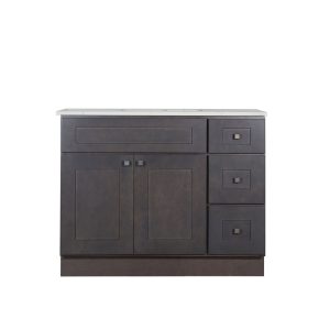 Dark gray or charcoal bathroom vanity with light gray countertop, double cabinet doors, and three drawers on right side