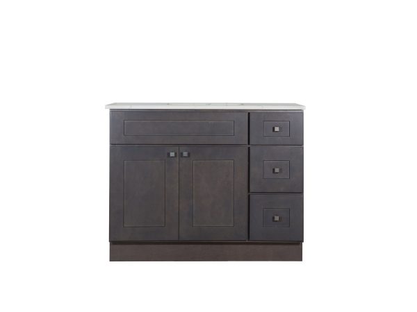 VAD4221R-M27 Dark gray or charcoal bathroom vanity with light gray countertop, double cabinet doors, and three drawers on right side