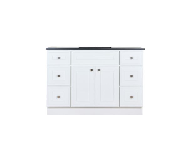 VAD4821-M30 White shaker-style bathroom vanity with gray countertop, three rows of drawers on each side, and double cabinet doors in center