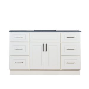 White bathroom vanity cabinet with gray countertop, six drawers on sides, and central cabinet doors with chrome handles
