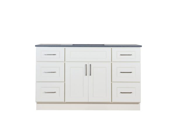 VAD5421-M21 White bathroom vanity cabinet with gray countertop, six drawers on sides, and central cabinet doors with chrome handles