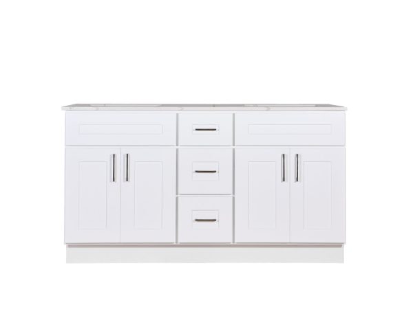 VAD6021D-M25 White shaker-style bathroom vanity with gray marble top, center drawers, dual cabinet doors on each side, and brushed metal handles