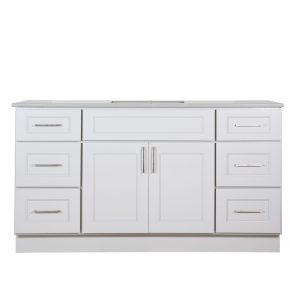 White bathroom vanity base cabinet with center sink opening, dual sets of three drawers on sides, dual center doors, and brushed nickel hardware