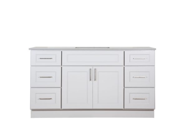 VAD6021S-M22 White bathroom vanity base cabinet with center sink opening, dual sets of three drawers on sides, dual center doors, and brushed nickel hardware