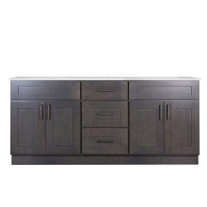 Dark espresso double vanity sink base cabinet with multiple drawers and cabinet doors, featuring brushed nickel hardware