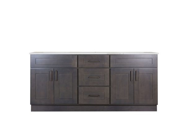 VAD7221D-M27 Dark espresso double vanity sink base cabinet with multiple drawers and cabinet doors, featuring brushed nickel hardware