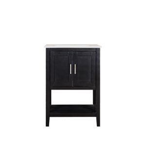Black wooden bathroom vanity with white marble top, two cabinet doors, silver handles, and slatted shelf below