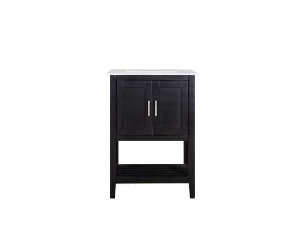 Black wooden bathroom vanity with white marble top, two cabinet doors, silver handles, and slatted shelf below