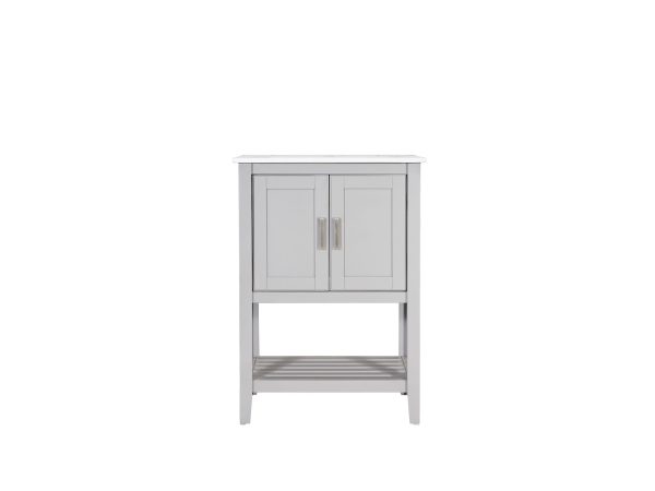 Light gray wooden bathroom vanity cabinet with two doors, silver handles, and open shelf storage below