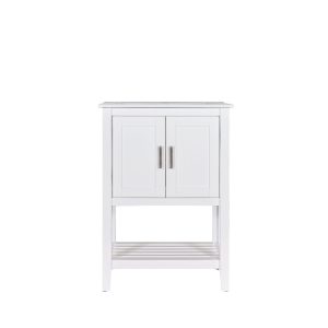 White bathroom vanity cabinet with dual doors, metal handles, and open bottom shelf