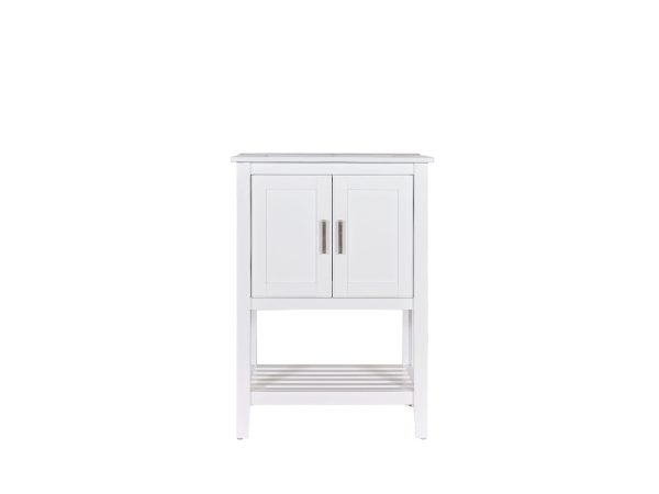 White bathroom vanity cabinet with dual doors, metal handles, and open bottom shelf