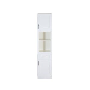 White tall narrow cabinet with upper glass door, open shelving in middle, drawer, and lower cabinet door
