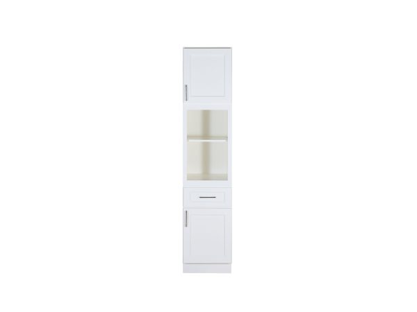 VLC1884-M21 White tall narrow cabinet with upper glass door, open shelving in middle, drawer, and lower cabinet door
