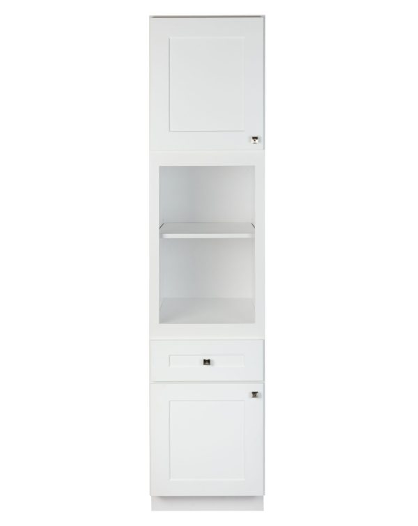 VLC1884-M25 White shaker cabinet with glass shelves, drawer, and lower cabinet door