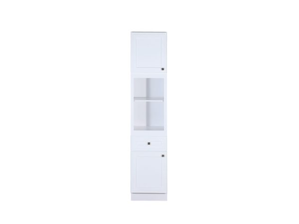 VLC1884-M30 White tall narrow cabinet with glass doors, open shelving, and lower cabinet storage