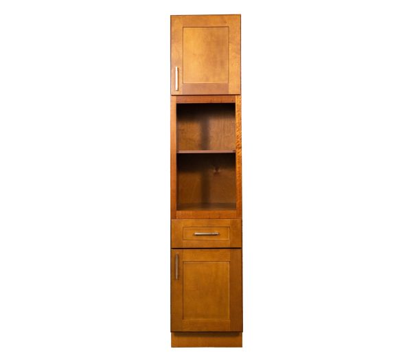 VLC1884-M31 Tall wooden kitchen cabinet tower with upper door, open shelving, drawer, and lower door in warm oak finish