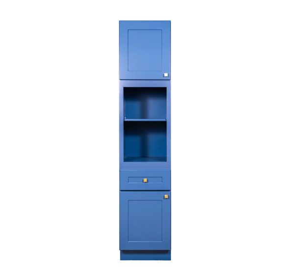 VLC18840-M93 Tall blue storage cabinet with top cabinet door, two open shelves with divider, and two bottom drawers with gold handles