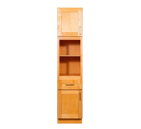 Tall wooden kitchen cabinet with upper glass-front door, open shelving compartment, drawer, and lower solid door in light oak finish