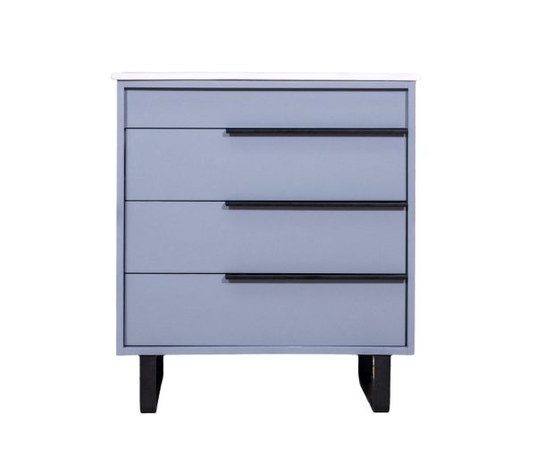Light blue four-drawer nightstand with black metal handles and black legs