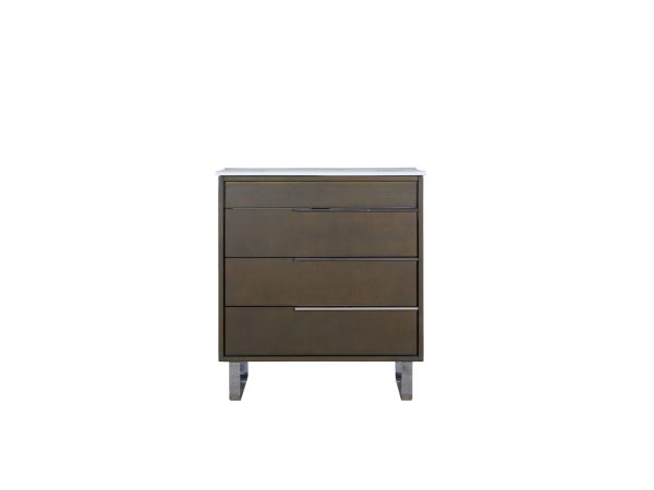 Dark brown wooden dresser with four drawers and metal handles, featuring gray wooden legs