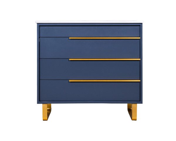 VOGUELC-36 Navy blue mid-century modern dresser with three drawers and gold metal handles on gold legs