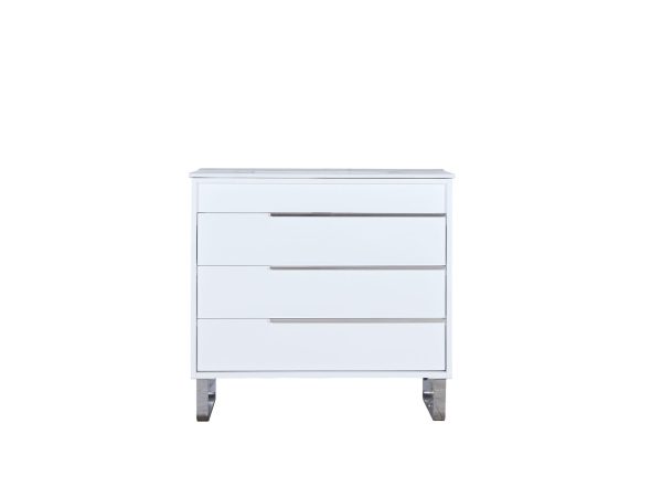White bathroom vanity chest with four drawers and metal handles with mirrored top