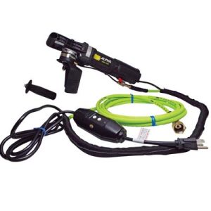 Electric pressure washer with black spray gun, green hose, and power cord