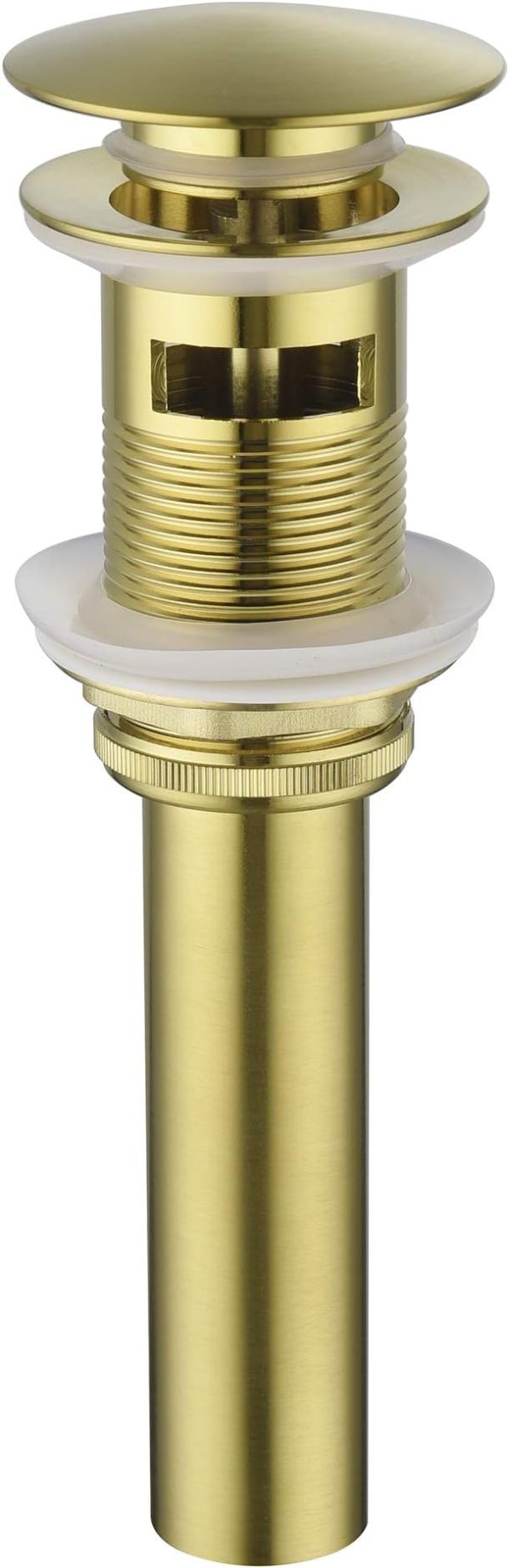 Brass pop-up bathroom sink drain plug with overflow mechanism and cap