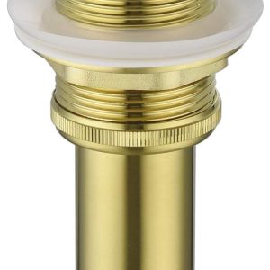 Brass pop-up sink drain with polished finish and wide circular cap