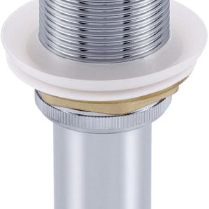 Chrome pop-up sink drain with white cap and brass fitting