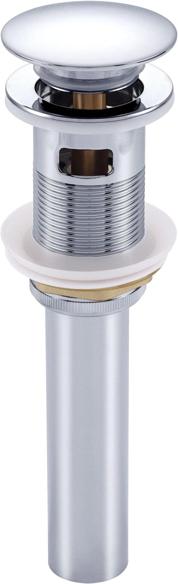 Chrome pop-up sink drain with white cap and brass fitting