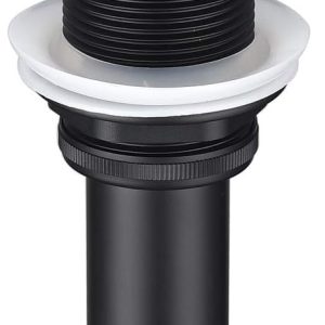 Black pop-up sink drain with flat cap and threaded cylindrical body