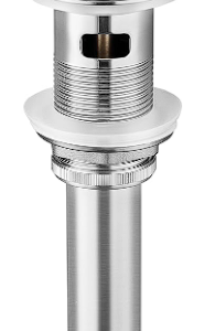 Stainless steel sink drain pop-up assembly with visible internal spring mechanism and cylindrical overflow tube