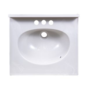 White bathroom sink basin with faucet holes and oval center drain hole