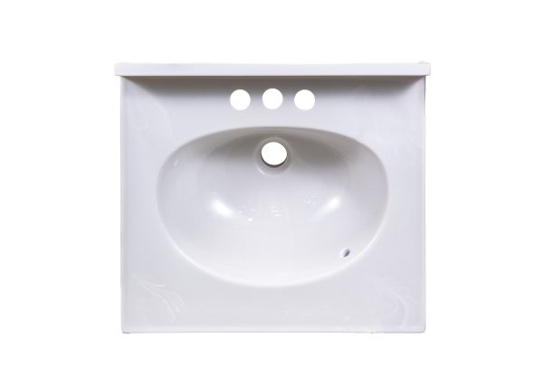 White bathroom sink basin with faucet holes and oval center drain hole