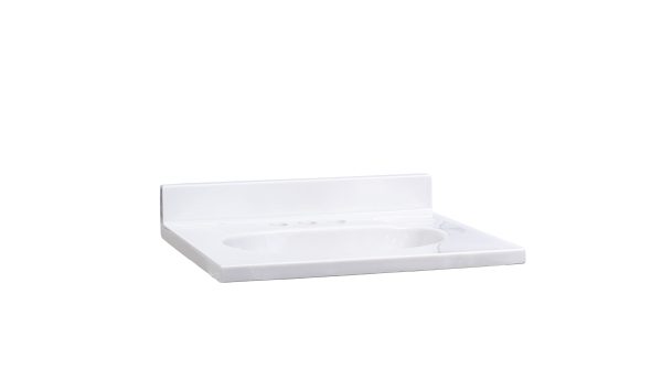 White engineered quartz vanity countertop with integrated sink basin and backsplash