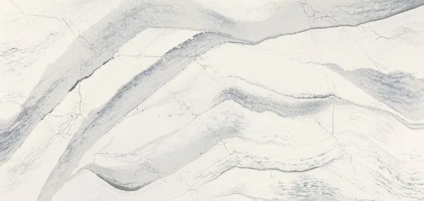 Marble-look porcelain tile with gray veining and wavy linear patterns on white background