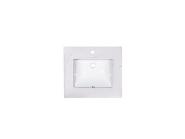 Light colored marble vanity top with single rectangular undermount sink basin and faucet mounting hole