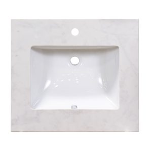 Light gray marble bathroom vanity with white ceramic basin sink and chrome faucet opening