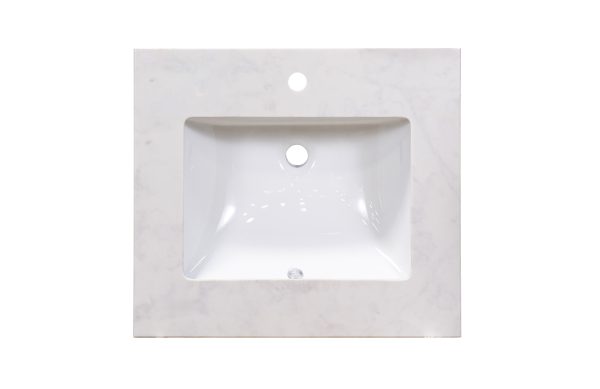 Light gray marble bathroom vanity with white ceramic basin sink and chrome faucet opening