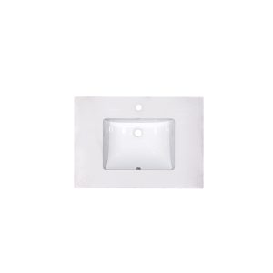 White marble countertop surface with integrated rectangular undermount sink and wall mounting holes