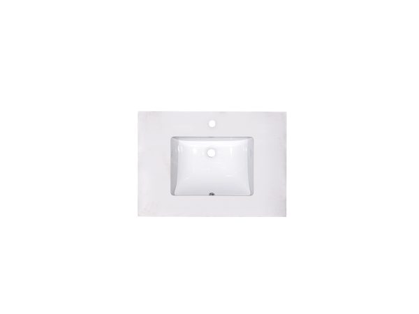 White marble countertop surface with integrated rectangular undermount sink and wall mounting holes