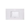 White marble bathroom countertop with one centered rectangular undermount sink and installation hardware
