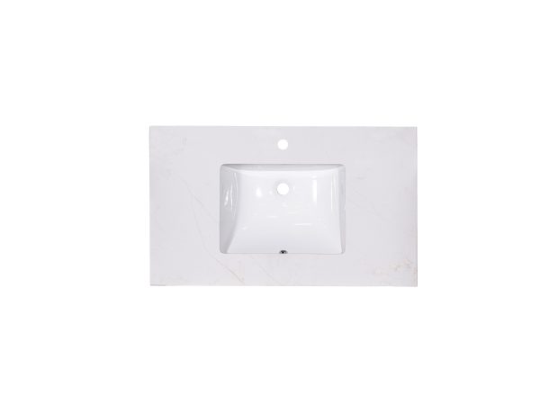 White marble bathroom countertop with one centered rectangular undermount sink and installation hardware