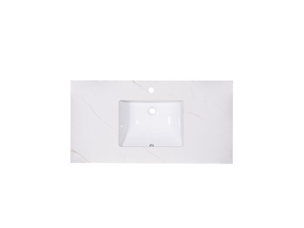 White marble countertop with single rectangular undermount sink basin and mounting holes