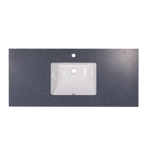 White rectangular undermount sink with single faucet hole installed in dark gray slate countertop, viewed from above