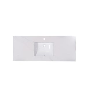 White marble bathroom countertop with integrated rectangular sink basin
