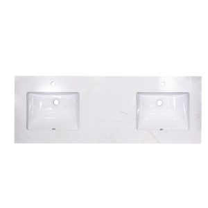White marble double sink vanity top with two rectangular undermount basins and mounting holes